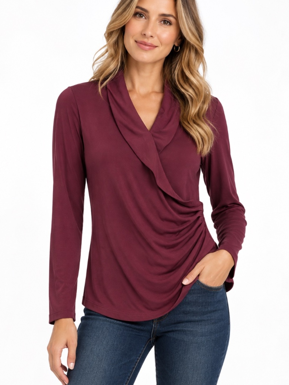 Tahari Burgundy Draped Faux Wrap Blouse Women's Size S